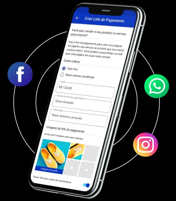 Celular mostra a tela de criação de link de pagamento.
            É possível escolher entre cobrar um valor fixo ou deixar que o cliente preencha o valor,
            dar um nome ao link de pagamento, informar a descrição e adicionar até 5 imagens sobre o produto ou serviço.
            Ao redor do celular, flutuam os ícones do Facebook, WhatsApp e Instagram.