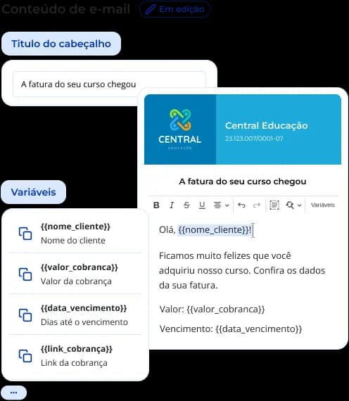 Recortes da área de personalização de notificações por e-mail
        Nela, o usuário pode customizar o conteúdo do e-mail, definindo título e corpo do e-mail.