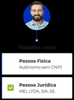 Exemplo fictício ilustrando a criação de cadastro para gerar cobrança cartão com o Asaas. No formulário, há dois campos: o de pessoa física (autônomo sem CNPJ) e o de pessoa jurídica (MEI, LTDA, S/A, SS). A opção de cadastro selecionada é a de pessoa jurídica.