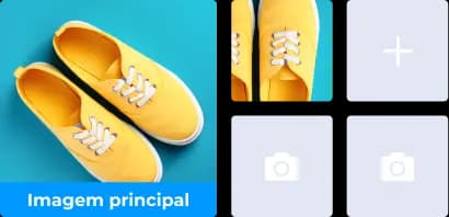 Tela mostra o cadastro de imagens no link de pagamento e traz como exemplo a foto de um tênis amarelo com cadarço branco.