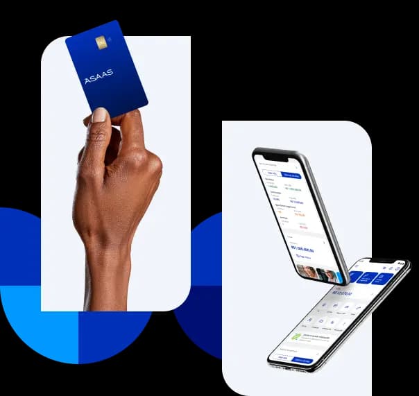 Colagem mostrando alguns produtos do Asaas. À esquerda, uma mão segura o Cartão Asaas, confeccionado em azul com o logo da empresa. À direita, estão dois celulares mostrando as telas internas do aplicativo do Asaas.